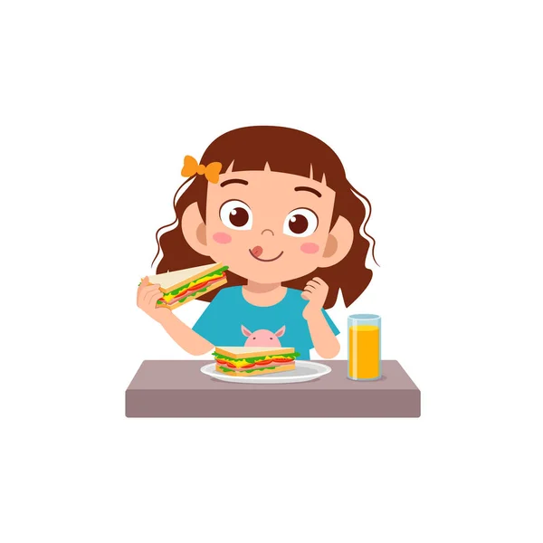 Μικρό Παιδί Τρώει Σάντουιτς Και Αισθάνονται Ευτυχισμένοι — Διανυσματικό Αρχείο