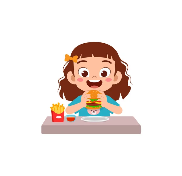 子供はハンバーガーを食べて幸せを感じる — ストックベクタ