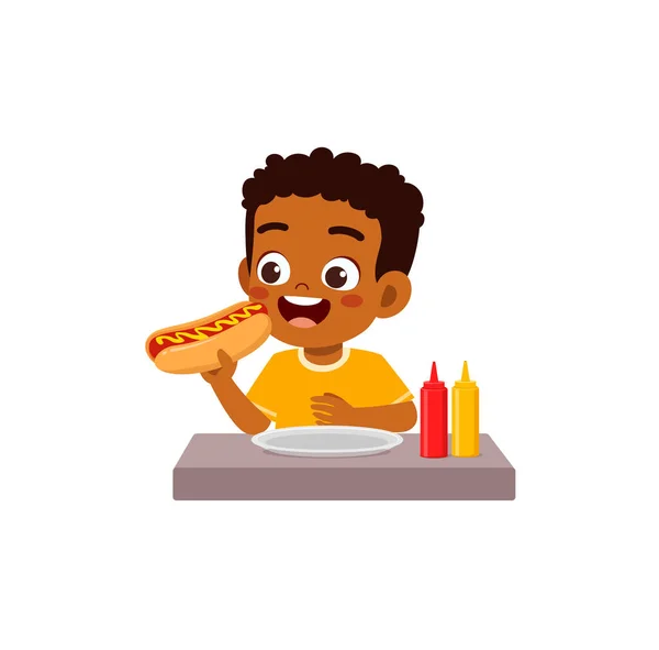 Kisgyerek Hot Dogot Eszik Boldog — Stock Vector