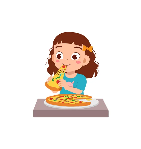 Little Kid Eating Pizza Feel Happy — Stock Vector