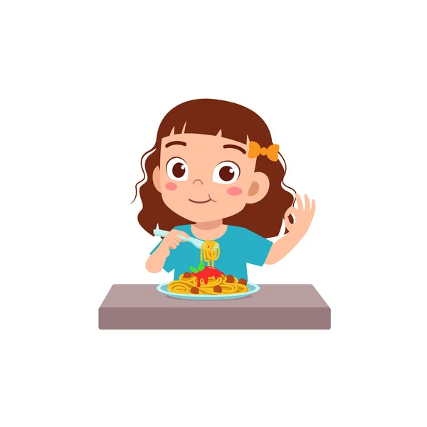 Μικρό Παιδί Τρώει Μακαρόνια Και Νιώθει Ευτυχισμένο — Διανυσματικό Αρχείο