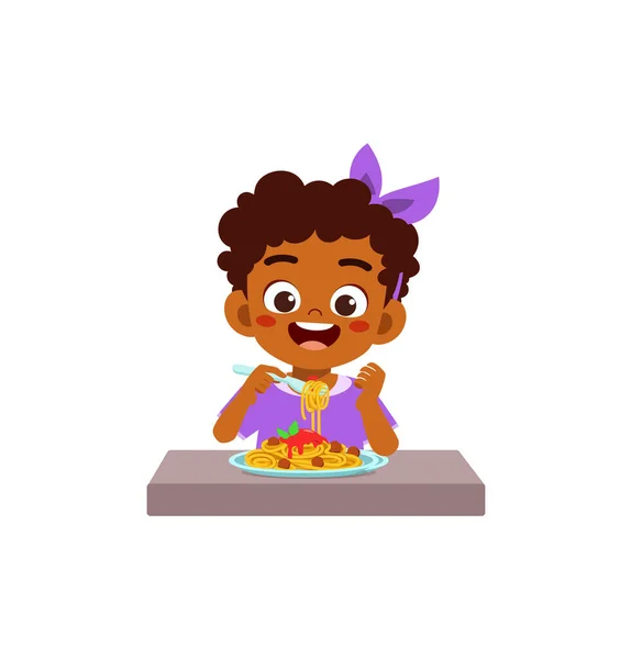 Μικρό Παιδί Τρώει Μακαρόνια Και Νιώθει Ευτυχισμένο — Διανυσματικό Αρχείο