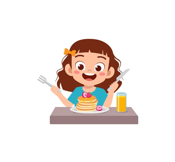 Pequena Criança Comer Panqueca Sentir Feliz —  Vetores de Stock
