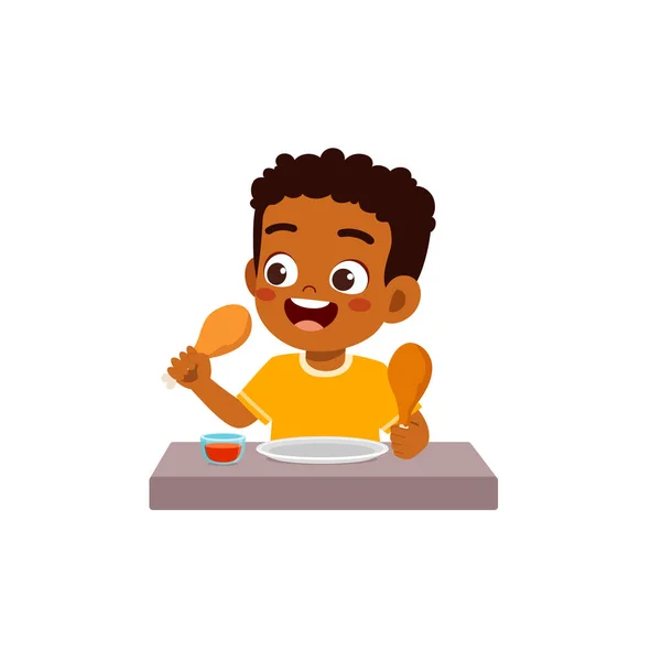 Pequena Criança Comer Frango Baqueta Sentir Feliz —  Vetores de Stock