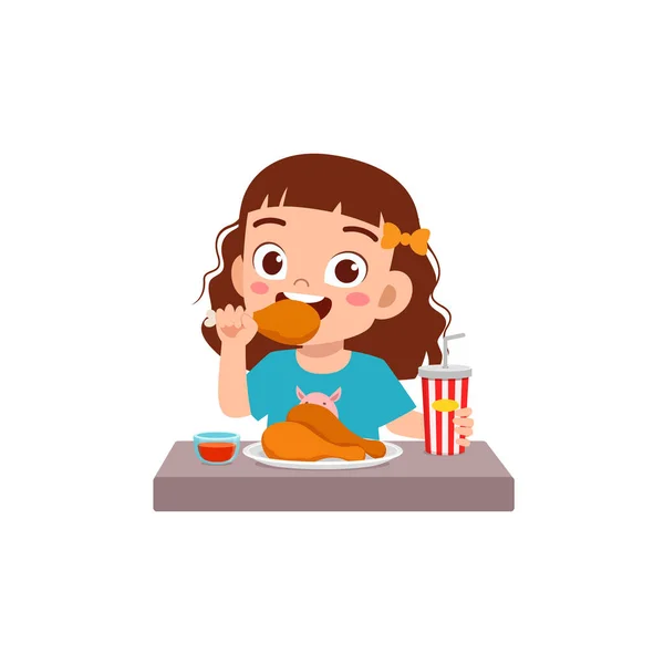 Pequena Criança Comer Frango Baqueta Sentir Feliz —  Vetores de Stock