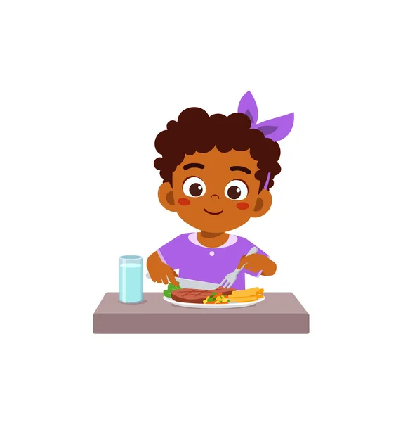 Małe Dziecko Jeść Stek Mięsny Czuć Się Szczęśliwym — Wektor stockowy