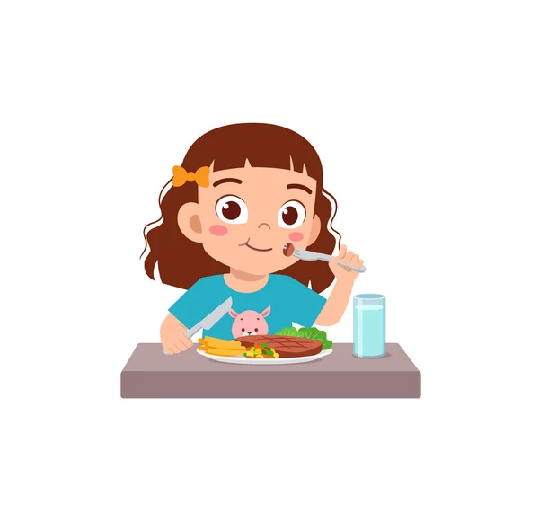 Μικρό Παιδί Τρώει Κρέας Μπριζόλα Και Αισθάνονται Ευτυχισμένοι — Διανυσματικό Αρχείο