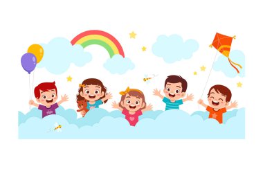 little kid play in cloud with friend and feel happy