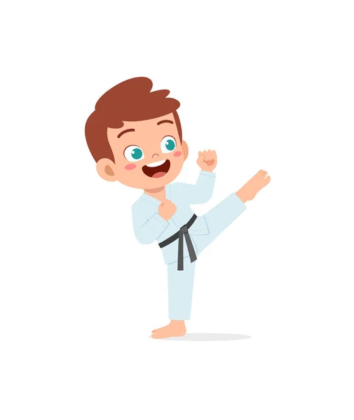 Cute Little Kid Training Showing Karate Pose — Stockvector