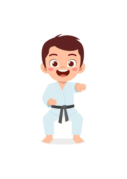 Nettes Kleines Kind Trainiert Und Zeigt Karate Pose — Stockvektor
