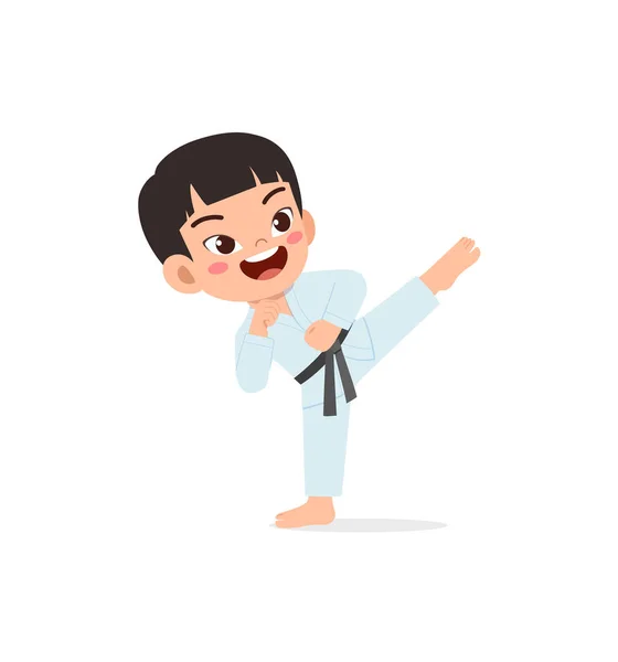 Lindo Niño Pequeño Entrenamiento Mostrando Karate Pose — Vector de stock