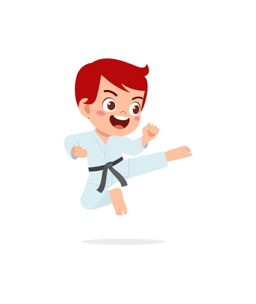 Aranyos Kis Gyerek Edzés Bemutató Karate Póz — Stock Vector