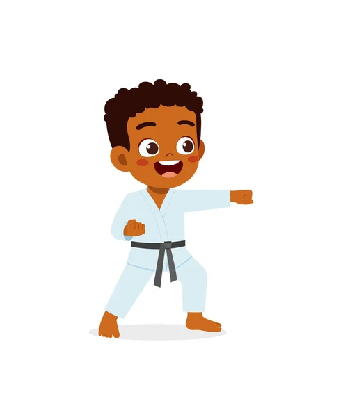 Nettes Kleines Kind Trainiert Und Zeigt Karate Pose — Stockvektor