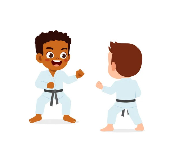 Lindo Niño Pequeño Entrenamiento Karate Con Amigo Juntos — Vector de stock
