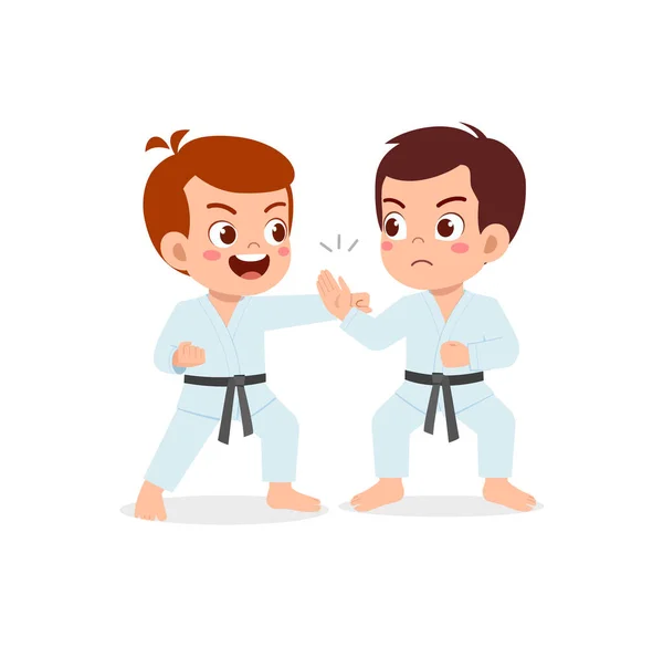 Cute Little Kid Training Karate Friend Together — Stock Vector