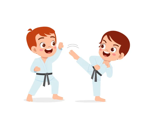 Cute Little Kid Training Karate Friend Together — Stockvector