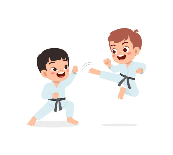 Cute Little Kid Training Karate Friend Together — Stock Vector