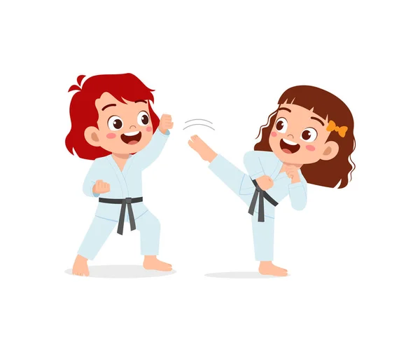 Aranyos Kis Gyerek Edzés Karate Barátokkal Együtt — Stock Vector