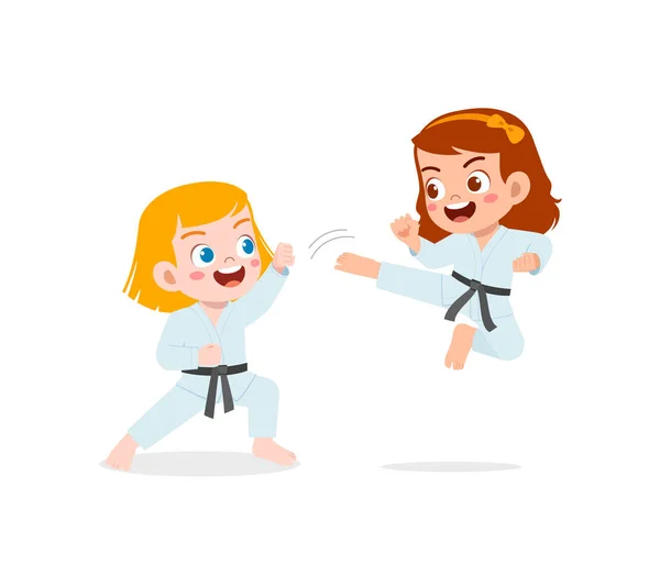 Lindo Niño Pequeño Entrenamiento Karate Con Amigo Juntos — Archivo Imágenes Vectoriales