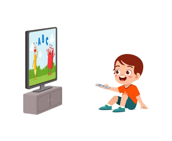 Little Kid Watching Television Feel Happy — Vetor de Stock