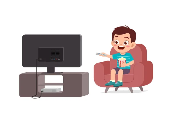 Little Kid Watching Television Feel Happy — Vector de stock