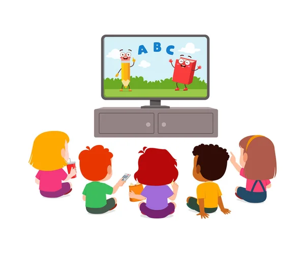 Little Kid Watching Television Feel Happy — Stockvector