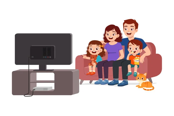 Pieni Lapsi Katsomassa Televisiota Perheen Kanssa Olla Onnellinen — vektorikuva