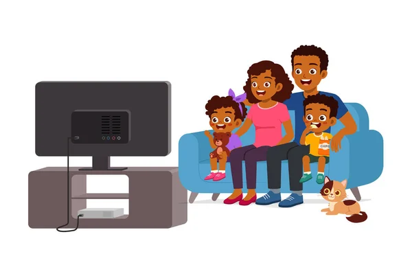 Μικρό Παιδί Βλέποντας Τηλεόραση Την Οικογένεια Και Αισθάνονται Ευτυχισμένοι — Διανυσματικό Αρχείο
