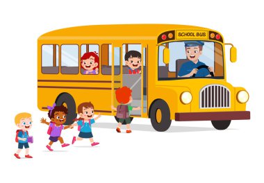 little kids boy and girl ride school bus and go to school clipart