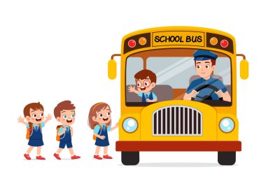 little kids boy and girl ride school bus and go to school clipart