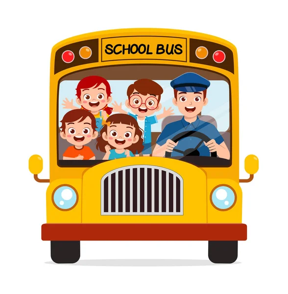 Маленькие Дети Мальчик Девочка Ездить Школьный Автобус Ходить Школу — стоковый вектор