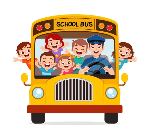 Anak Kecil Laki Laki Dan Perempuan Naik Bus Sekolah Dan - Stok Vektor