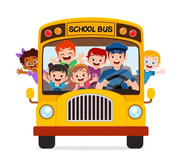 Маленькие Дети Мальчик Девочка Ездить Школьный Автобус Ходить Школу — стоковый вектор