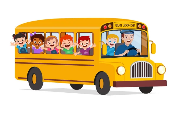 Crianças Menino Menina Passeio Ônibus Escolar Para Escola — Vetor de Stock
