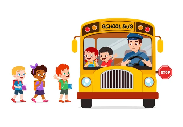 Petits Enfants Garçon Fille Monter Bus Scolaire Aller École — Image vectorielle