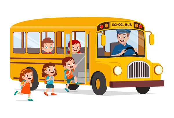 Petits Enfants Garçon Fille Monter Bus Scolaire Aller École — Image vectorielle