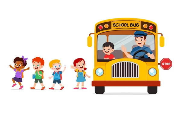Petits Enfants Garçon Fille Monter Bus Scolaire Rentrer Maison École — Image vectorielle