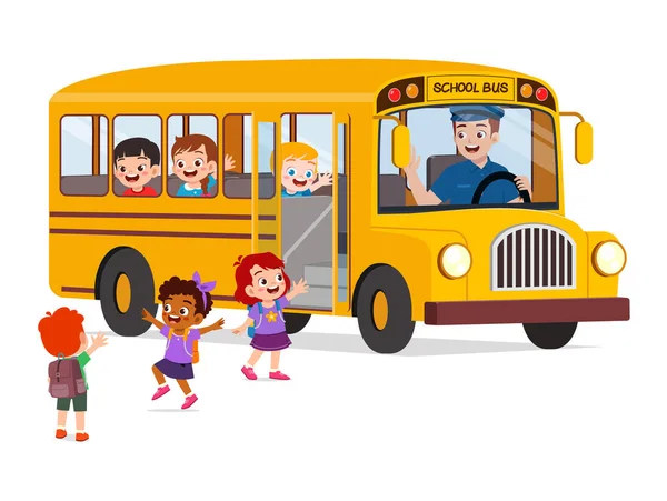 小さな子供たち男の子と女の子はスクールバスに乗って学校から帰宅します — ストックベクタ