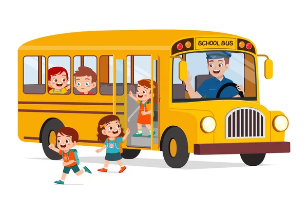小男孩和小女孩乘校车从学校回家 — 图库矢量图片