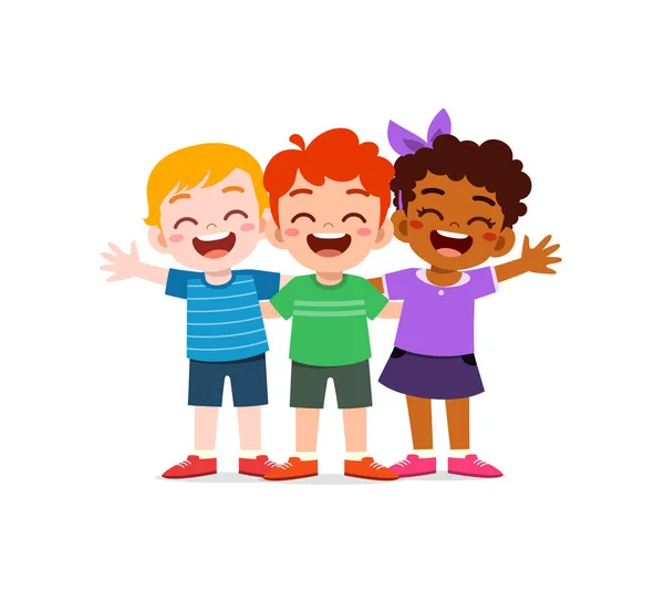 Petits Enfants Réunissent Avec Des Amis Sentent Heureux — Image vectorielle