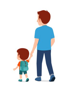 Küçük çocuk babasıyla el ele tutuşup okula gidiyor.