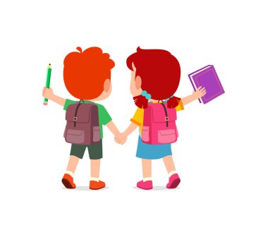 Küçük çocuk arkadaşıyla el ele tutuşup okula gidiyor.