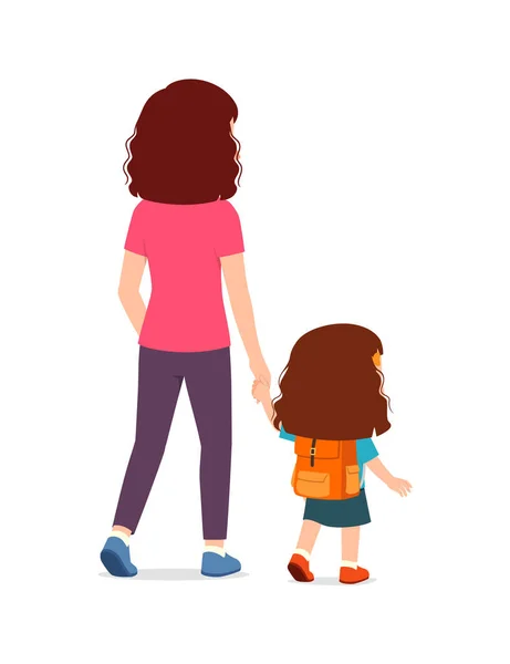 Petit Enfant Tenant Main Avec Mère Aller École Ensemble — Image vectorielle