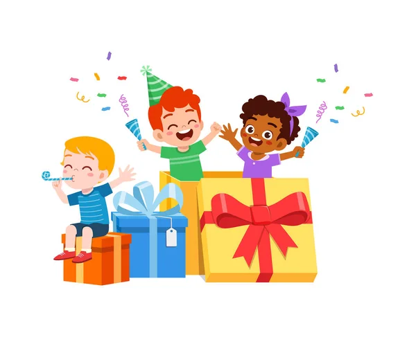 Malé Dítě Oslavit Narozeniny Hrát Uvnitř Velké Dárkové Krabice — Stockový vektor