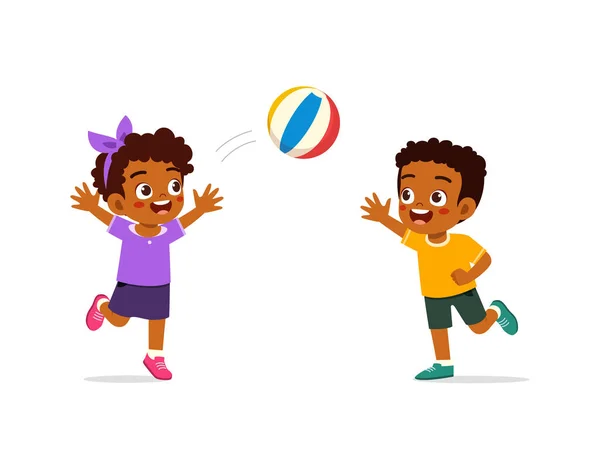 Klein Kind Spelen Volley Bal Met Vriend Voel Gelukkig — Stockvector