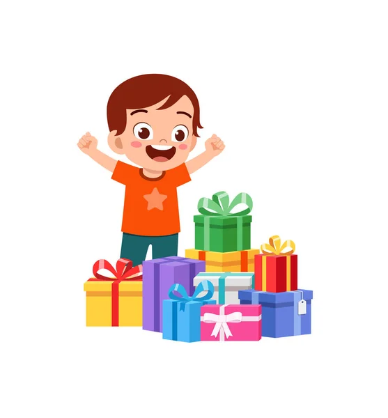 Mały Dzieciak Otrzymać Wiele Pudełko Czuć Się Szczęśliwym — Wektor stockowy