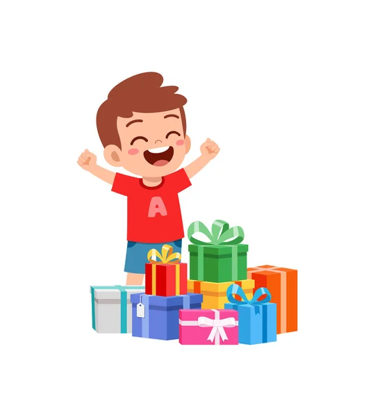 Маленький Ребенок Получает Много Коробки Подарков Чувствовать Себя Счастливым — стоковый вектор
