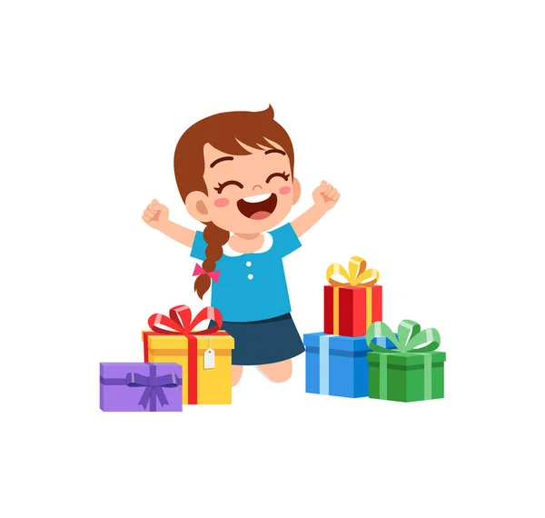 Μικρό Παιδί Λαμβάνουν Πολλά Κουτιά Δώρων Και Αισθάνονται Ευτυχισμένοι — Διανυσματικό Αρχείο