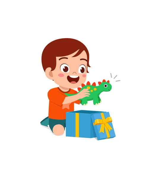 Маленький Ребенок Открывает Подарочную Коробку Чувствовать Себя Счастливым — стоковый вектор