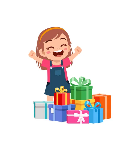Μικρό Παιδί Λαμβάνουν Πολλά Κουτιά Δώρων Και Αισθάνονται Ευτυχισμένοι — Διανυσματικό Αρχείο
